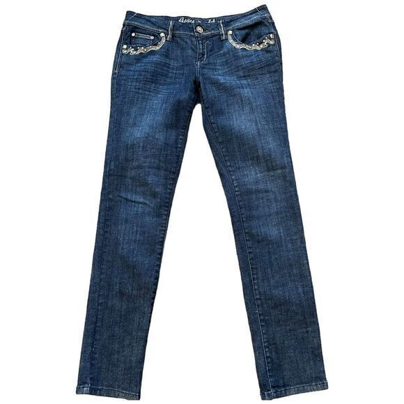 Grace in LA Dark Wash Gold Embellished Skinny Jeans Size 9 Western - Picture 11 of 16